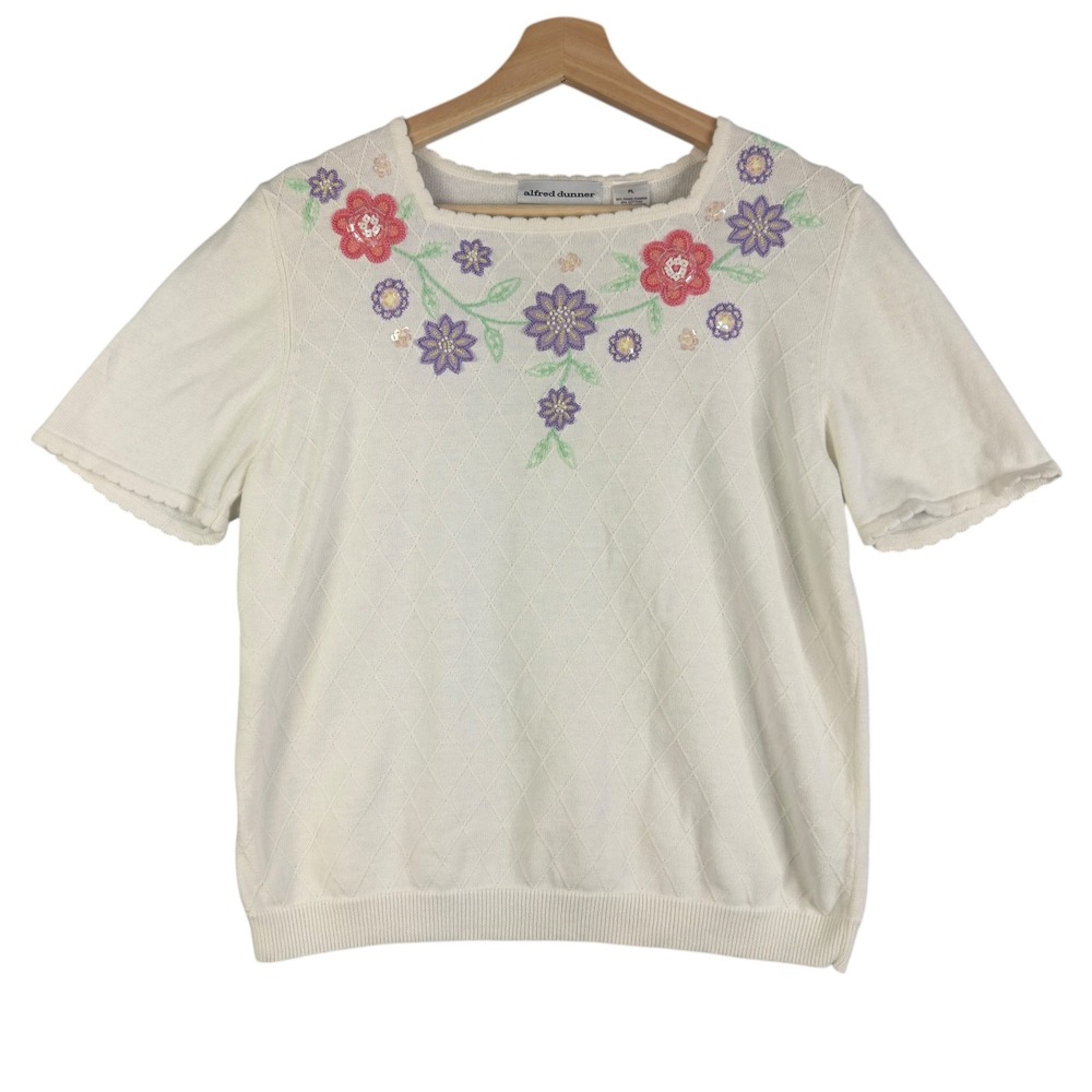 Alfred Dunner Vintage Large Embroidered Floral Sequin Sweater Vest Boho Knit Top